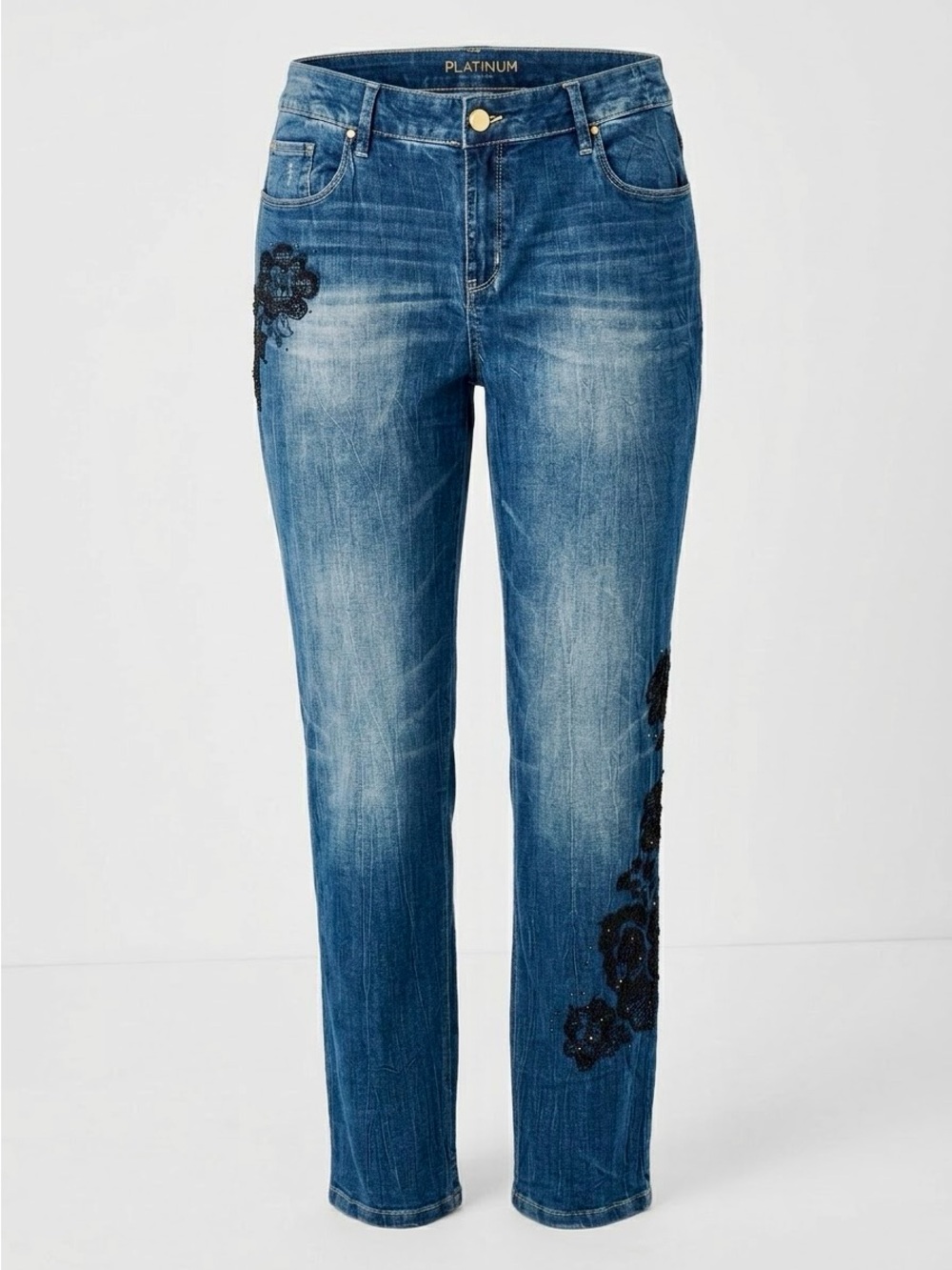 CHICO’S Platinum Skimmer Blue Straight-Leg Jeans w Black Lace Appliqué -#122 LHP